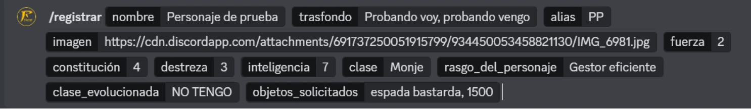 Ejemplo completo del registro de una ficha de personaje con RolsitoBot en Discord